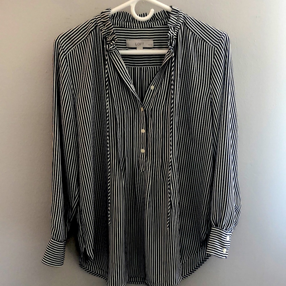 Loft black and white striped blouse with tie neck Medium Petite